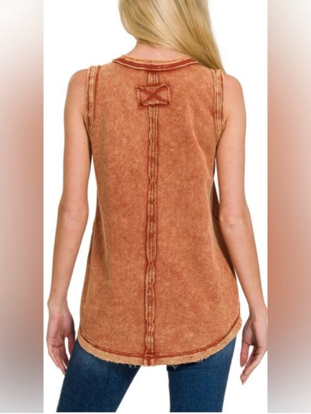 Zenana SZ LG. Washed Half-Button Raw Edge Sleeveless Henley Tank Top Rust Orange - Picture 5 of 6